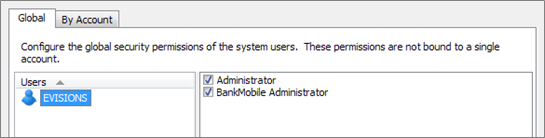 EVISIONS user listed as the administrator on the Global tab